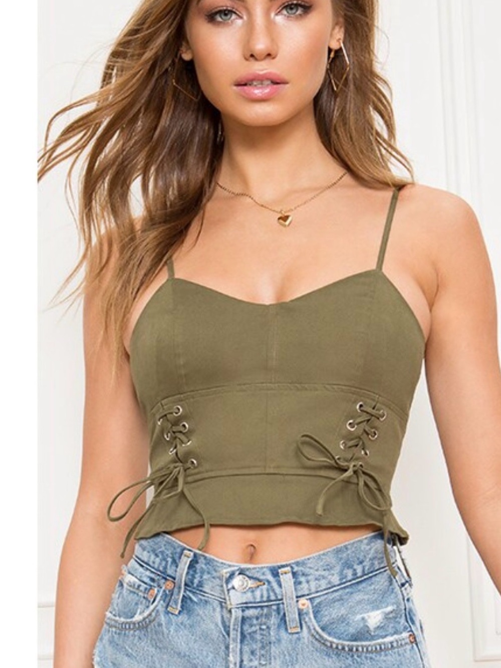 🌿 superdown Emma Lace Up Front Crop Top Cotton & Spandex Olive Green Medium